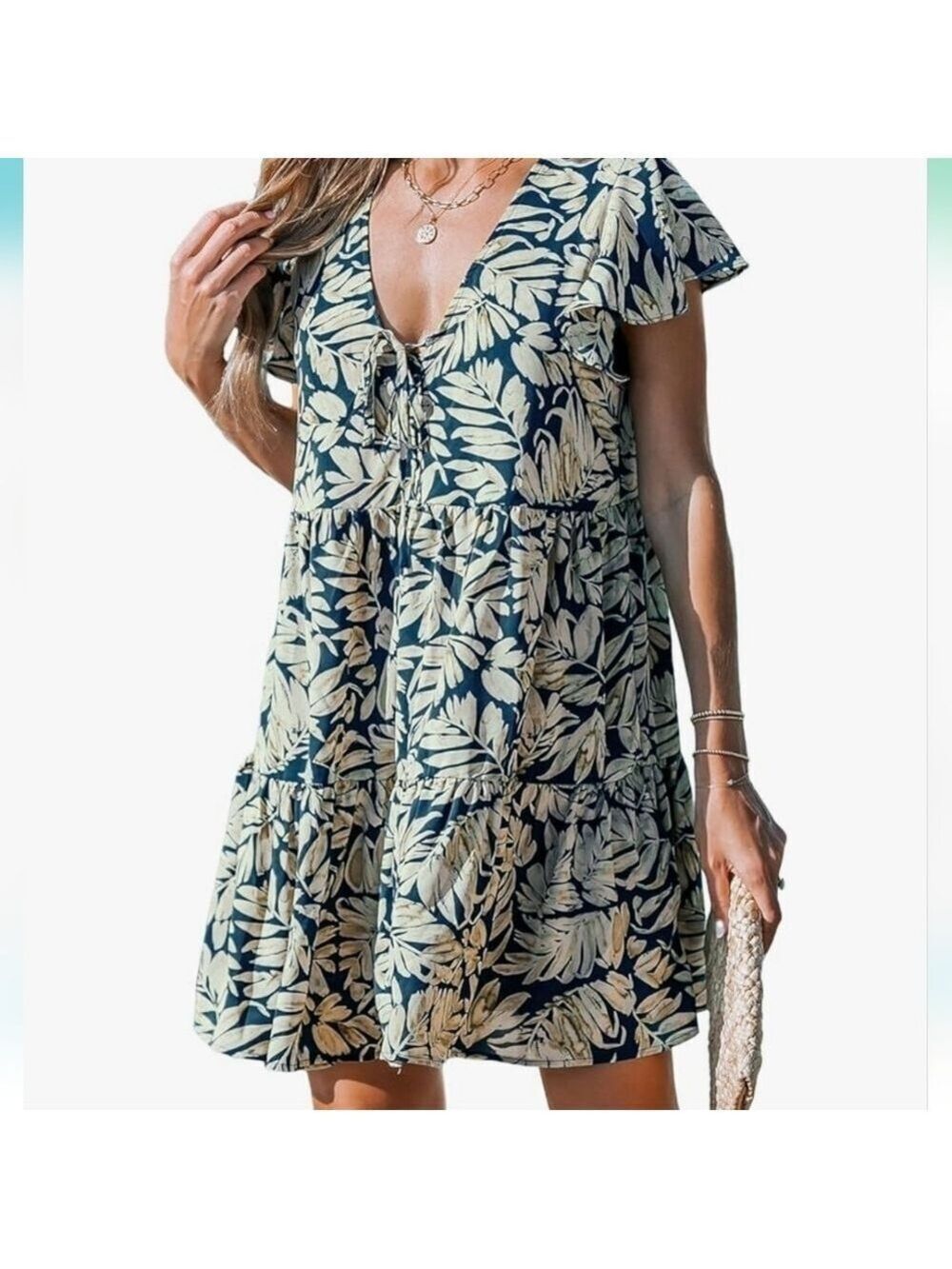 CUPSHE Women's V Neck with Tie  High Waist Short Flared Sleeve Dress NWT Size M